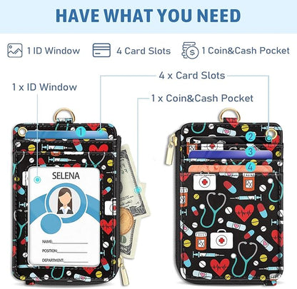 Pharmacy Nurse Lanyard Wallet with ID Badge Holder, RN Small RFID Wallet Women Keychain Wristlet, Slim Credit Card Holder with Zipper Pocket Phone Lanyard Wrist Strap Name Tag Office Teacher Doctor