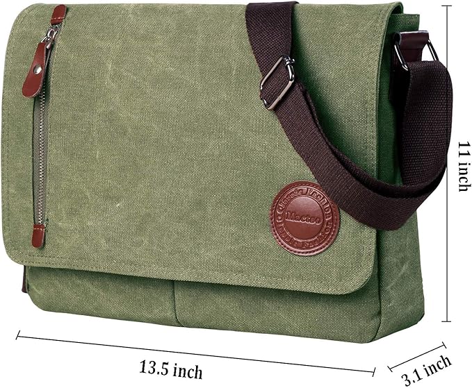 Mactso Vintage Canvas Messenger Bag for Men Women, 13.5 Inch Laptop Satchel Shoulder Bag with Multiple Pockets, Crossbody Bag for Work Travel College (Army green)