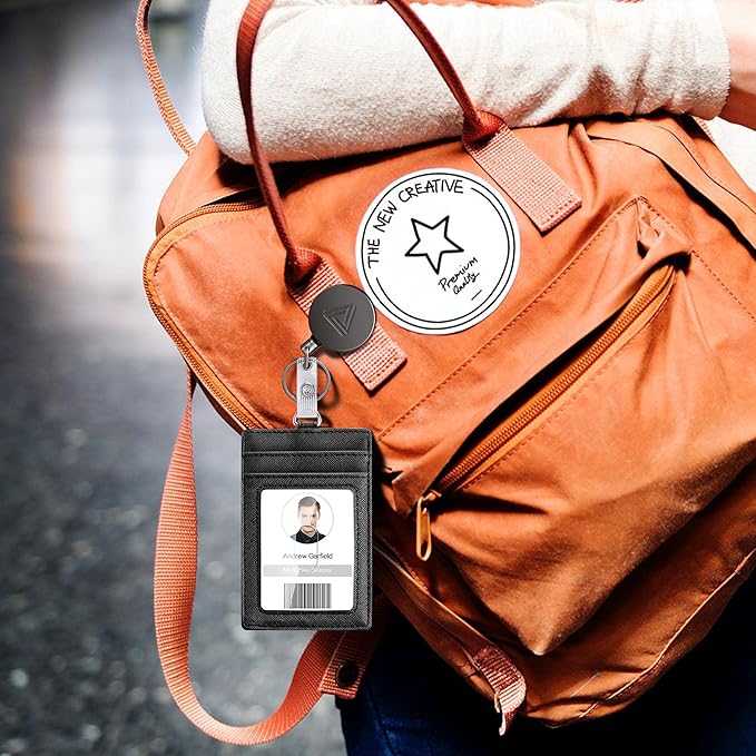 Heavy Duty Metal Retractable Badge Holder Reel with Belt Clip Key Ring, Waterproof Vertical Clear ID Card Holder and PU Leather Badge Holder