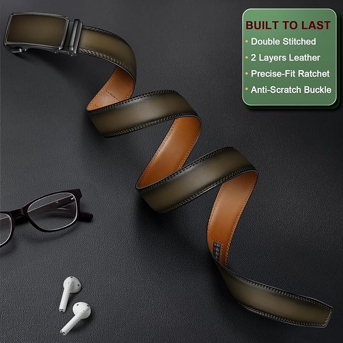 KEMISANT Men Belt Ratchet Click Belt Genuine Leather Adjustable For Men Golf Dress Casual Jeans 1 3/8-Cut For Fit