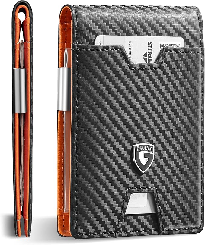 GSOIAX Men's Slim RFID Blocking Leather Wallet with Money Clip Minimalist Carbon Fiber Bifold Credit Card Holder 11 Card Slots Gift Box Included(Carbon Orange)