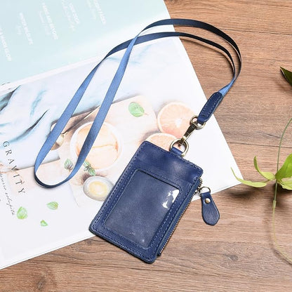 Wonderpool Leather ID Badge Holder with Zipper Wallet Pouch - Card Slots Case Detachable Neck Lanyard and Retractable Badge Reel for Office School Hospital Exhibition ID (Blue)