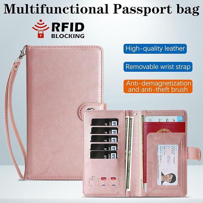 Passport Holder for Travel Essentials, RFID Blocking PU Leather Wallet Cover with Wristlet Strap Magnetic Closure Passport Book Holders Case for Women and Men, Rose Gold