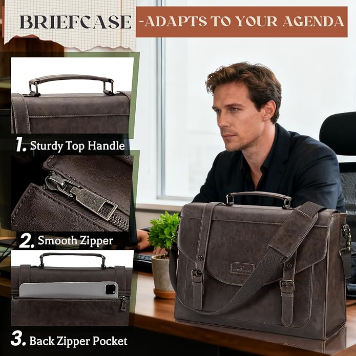 RAINSMORE Flap Messenger Bag for Men Vintage PU Leather Laptop Bag 15.6 Inch Retro Briefcase with Wallet Satchel Computer Bag
