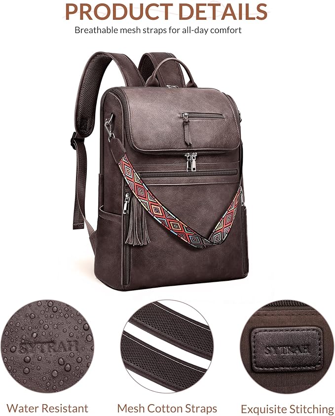 SYTRAH Leather Laptop Backpack for Women Designer Laptop Bag, 16.5 inch Travel Computer Backpacks Purse with Tassel for Work Business with Satchel Purse Dark Coffee