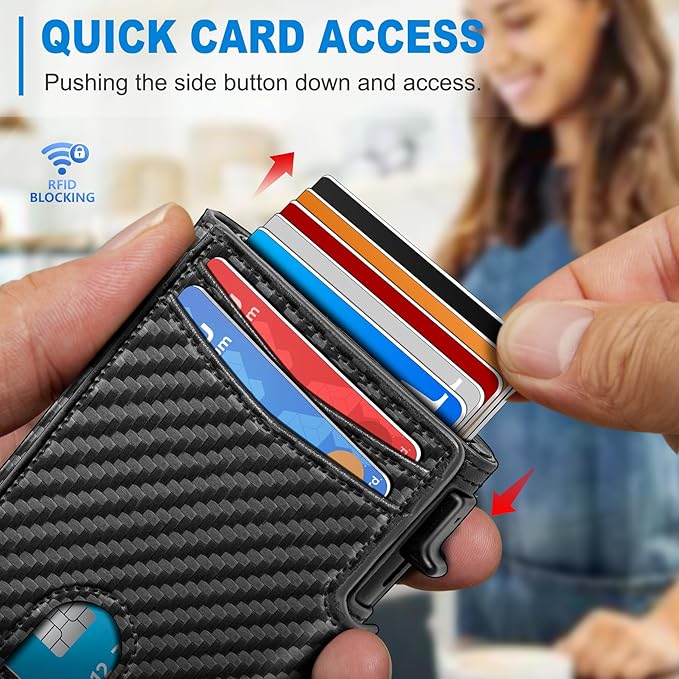 miyozi Wallet for Men, Magnetic Minimalist Slim Wallet with Pop Up Card Holder, 9 Cards RFID Blocking Metal Credit Card Case, Leather Wrapped Money Clip, ID Window & Small Item Slot, Gift Boxed