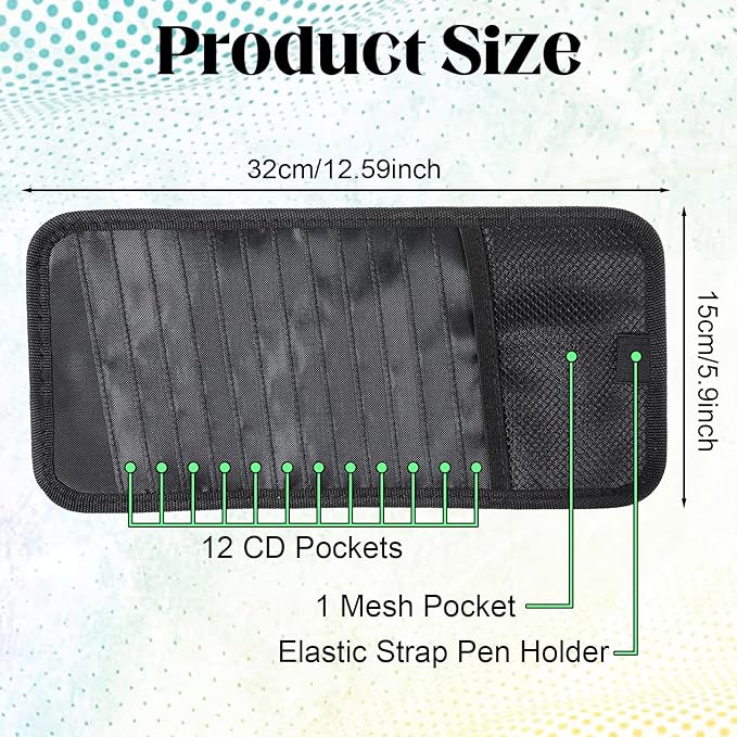 CD Case Holder for Car - DVD Vehicle Visor Storage Orangizer Sun Visor Organizer for CD Visor Case with 12 DVD Storage Sleeves 1 Mesh Pocket 1 Pen Holder(Black)