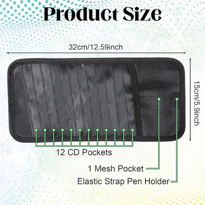CD Case Holder for Car - DVD Vehicle Visor Storage Orangizer Sun Visor Organizer for CD Visor Case with 12 DVD Storage Sleeves 1 Mesh Pocket 1 Pen Holder(Black)