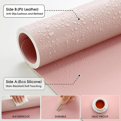 Leather Desk Pad Protector 31.5×15.7 inch Dual-Sided Vanity Mat Non-Slip Large Gaming Mouse Pad Waterproof Desk Writing Pad Desk Blotter Laptop and Keyboard Mat for Office and Home(Pink)