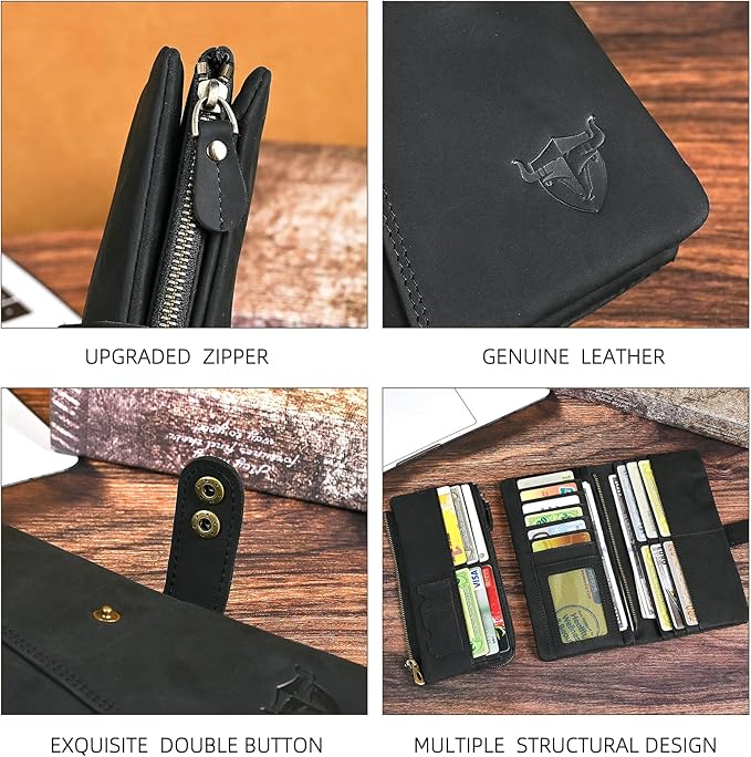 Genuine Crazy Horse Leather Travel Gift Coin Pocket Card Case Long Organizer Chain Rfid Wallet Purse With Snap For Men Male 1803 1815 (1803 The Black2)