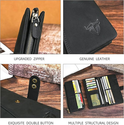 Genuine Crazy Horse Leather Travel Gift Coin Pocket Card Case Long Organizer Chain Rfid Wallet Purse With Snap For Men Male 1803 1815 (1803 The Black2)
