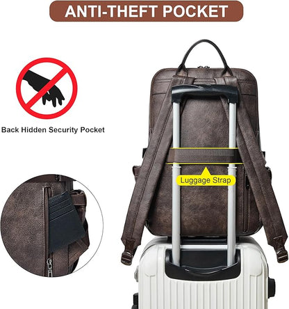 Shrrie Vegan Leather Laptop Backpack for Women,17 Inch Computer Backpack Purse for Work Business College Travel Teacher Nurse with Anti-theft Pocket & Giant Tumbler Holder Pocket,Chocolate