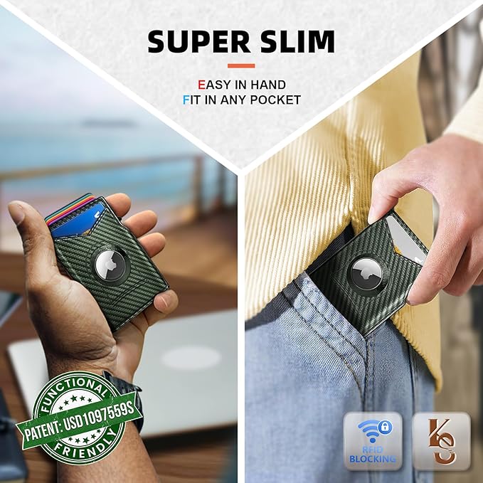 KEMISANT Airtag Wallet Men Gift,Mens Slim Front Pocket Wallet Money Clip Standard or Apple Airtag Use 3.8"×2.8"×0.9"