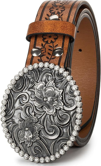 Mealah Vintage Western-Cowboy-Belt for Women Men - Carved Buckle PU Leather Waist Belts (for Waist 28"-38")