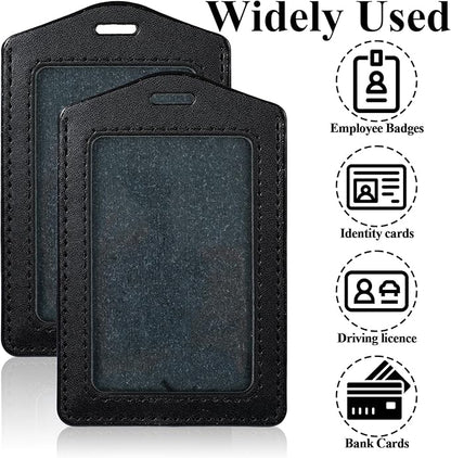 Manor 2 Pcs Leather ID Badge Holder Vertical Single-Side Clear Card Holder Waterproof Name ID Credit Cards Badge Holders for Office, Staff, Students, Employees