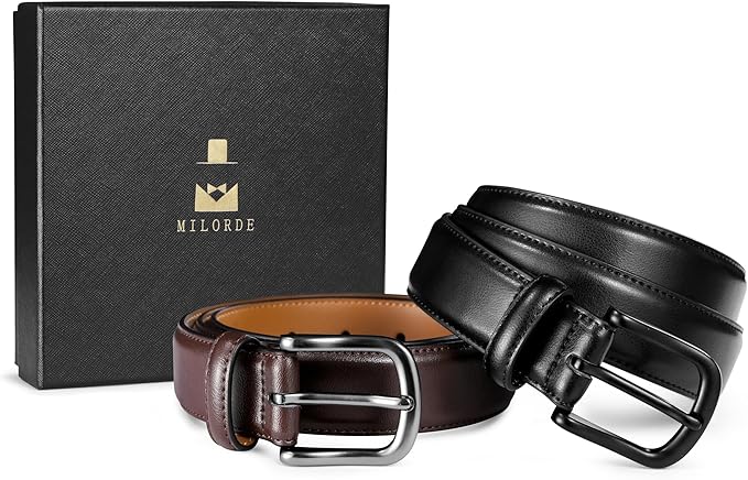MILORDE Men's Leather Dress Belt 2Pack, Handmade, Genuine Leather, Fashion & Classic Designs for Work Business and Casual
