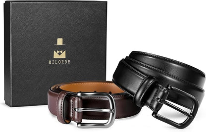 MILORDE Men's Leather Dress Belt 2Pack, Handmade, Genuine Leather, Fashion & Classic Designs for Work Business and Casual