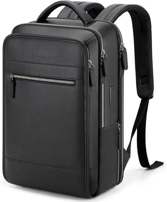Tzowla Leather Laptop Backpack, Bag for Men and Women,Business Travel Work Rucksack Fits 15.6 Inch Laptop,Bookbag with USB and Type-C Charging Port-Black