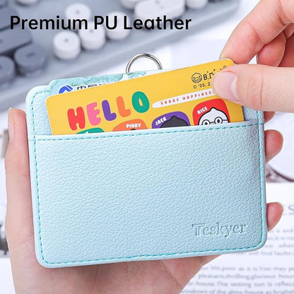 Teskyer Badge Holder with Lanyard, Leather ID Name Badge Card Holder with Lanyard for ID Badges, Horizontal, Lychee Pattern Cyan