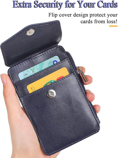 Teskyer Badge Holder with Side Zip Pocket, Multiple Card Slots Leather ID Holder Wallet with Neck Lanyard for Office Staffs, Teachers/Students, Couriers, Workers, Blue
