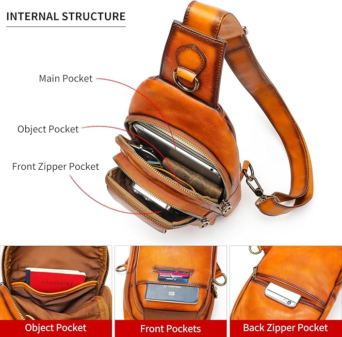 NIUCUNZH Genuine Leather Sling Bag Front Metal-Latch Crossbody Bags Handmade Vintage Chest Shoulder Backpack for Women Men