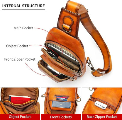 NIUCUNZH Genuine Leather Sling Bag Front Metal-Latch Crossbody Bags Handmade Vintage Chest Shoulder Backpack for Women Men