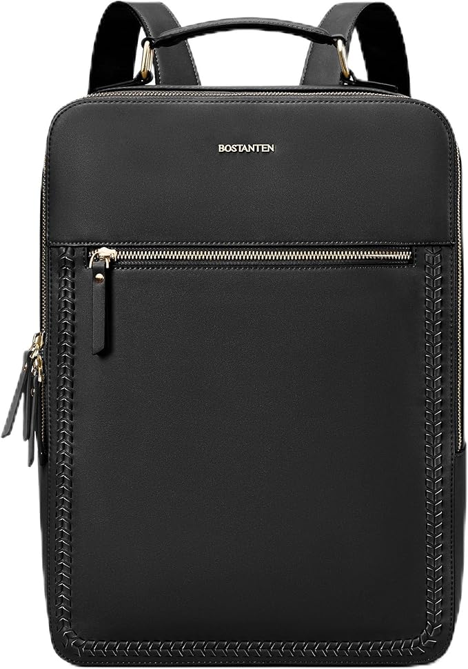 BOSTANTEN Leather Backpack 15.6 inch Laptop Bag Travel Casual Computer Backpack College Business Work Shoulder Bags with Trolley Sleeve for Women Men Black
