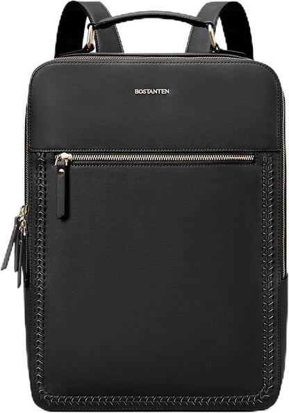 BOSTANTEN Leather Backpack 15.6 inch Laptop Bag Travel Casual Computer Backpack College Business Work Shoulder Bags with Trolley Sleeve for Women Men Black