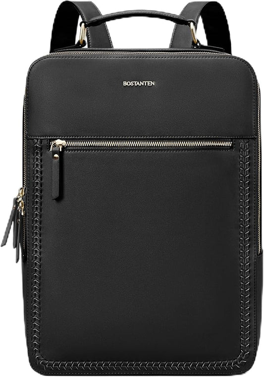 BOSTANTEN Leather Backpack 15.6 inch Laptop Bag Travel Casual Computer Backpack College Business Work Shoulder Bags with Trolley Sleeve for Women Men Black