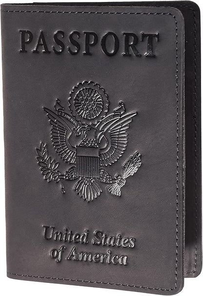 Genuine Leather Passport and Vaccine Card Holder Combo, RFID Blocking, Black, Unisex