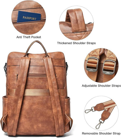 Shrrie 15.6 inch Laptop Backpack for Women,Large Leather Purse,Travel Backpacks Carry on,Water Resistant Casual Laptop Backpacks,College Backpack,Work Backpack for Women,Two-tone Camel Brown