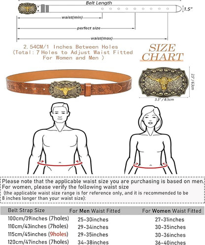 Western Cowboy-Belts for Men Big-Buckle Longhorn-Bull PU-Leather Rodeo Cowgirl-Belt Engraved Floral - Waist 25-38"