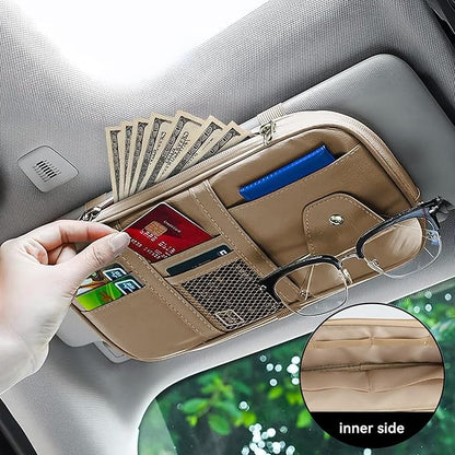 Car Sun Visor Organizer, Multi-Pocket PU Leather Sunglass Holder and Storage Pocket with Net Zipper, Card Sleeve Pocket Organizer, Auto Interior Accessories for Vehicle, Truck, SUV (Beige)