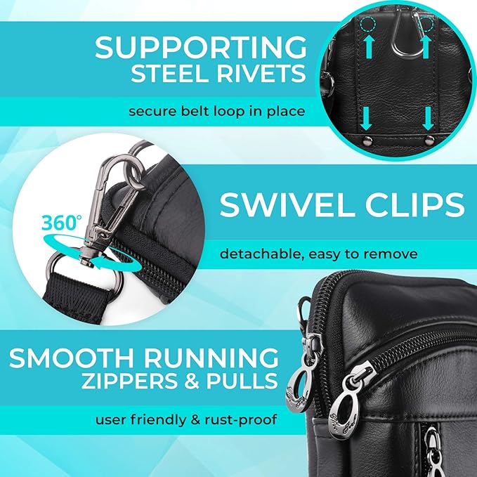 hengwin Small Leather Crossbody Shoulder Bag Men Belt Clip Phone Holster Case Belt Loop Pouch Waist Bag Pack Fit for iPhone 17/16/15/14/13 Pro Max Galaxy Note 9 8 S25/S24/S23 Ultra (Black)