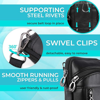 hengwin Small Leather Crossbody Shoulder Bag Men Belt Clip Phone Holster Case Belt Loop Pouch Waist Bag Pack Fit for iPhone 17/16/15/14/13 Pro Max Galaxy Note 9 8 S25/S24/S23 Ultra (Black)