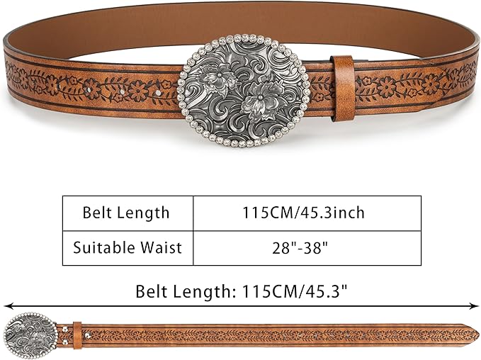 Mealah Vintage Western-Cowboy-Belt for Women Men - Carved Buckle PU Leather Waist Belts (for Waist 28"-38")