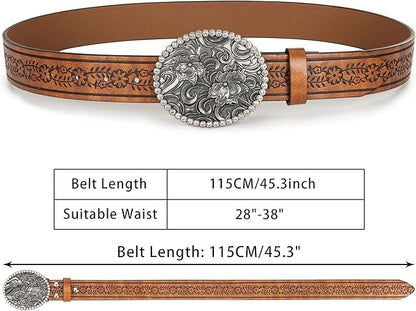 Mealah Vintage Western-Cowboy-Belt for Women Men - Carved Buckle PU Leather Waist Belts (for Waist 28"-38")