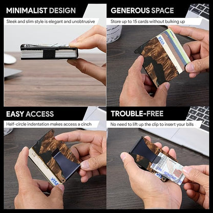 Slim Wallet for Men,RFID Blocking Minimalist Metal Wallet, Money Clip/Cash Holder, Front Pocket Aluminum Credit Card Holder, Ideal Gift for Men,Resin Black Wood
