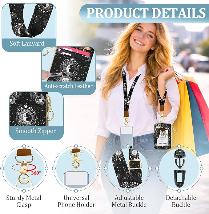 Sun and Moon Lanyard Wallet with ID Badge Holder, PU Leather Zipper Card Holder for Women, Boho Slim ID Case, RFID Detachable Neck Lanyard Wrist Strap with Keychain for Teacher Work Office