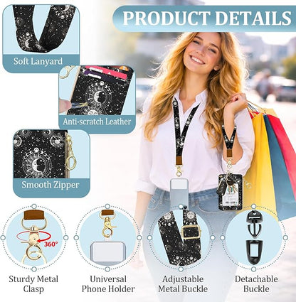 Sun and Moon Lanyard Wallet with ID Badge Holder, PU Leather Zipper Card Holder for Women, Boho Slim ID Case, RFID Detachable Neck Lanyard Wrist Strap with Keychain for Teacher Work Office