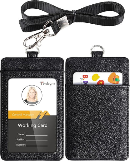 Teskyer Badge Holder with Lanyard, Leather ID Name Badge Card Holder with Lanyard for ID Badges, Vertical, Lychee Pattern Black