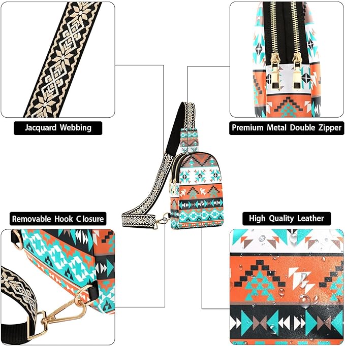 ZAZYXTJ Western Aztec Crossbody Sling Bag for Women Leather Small Chest Bag Adjustable Straps Daypack for Travel Sport Hiking