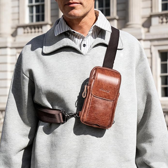 Small Crossbody Bag for Men Women - Genuine Leather Mini Sling Bag with Charging Port