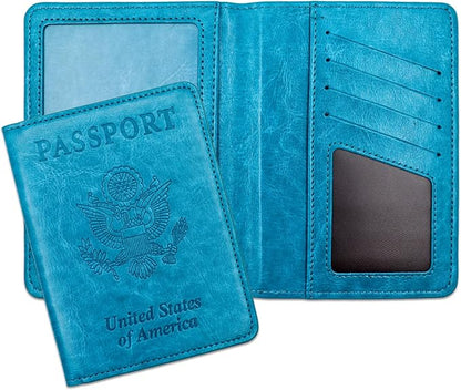 Passport Holder for Travel Essentials RFID Blocking Wallet Card Case PU Leather Passport Cover Women and Men (Blue)
