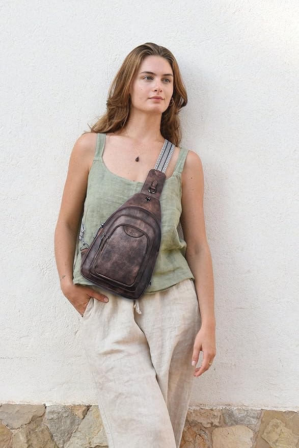 Leresas 10L Crossbody Sling Bag for Women Men Anti Theft Cross Body Fanny Pack Belt Bag Purse Gifts for Women Faux Leather, Coffee