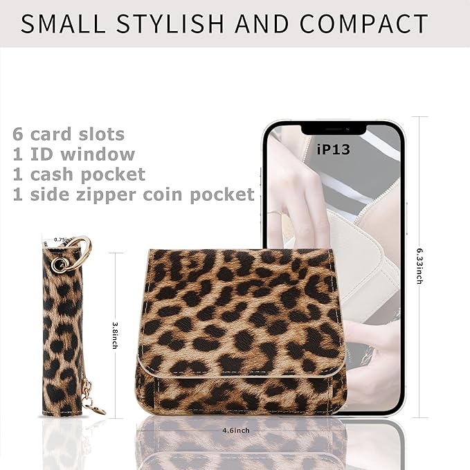 Women Small Wallet RFID Blocking Slim Wallet with Coin Pocket Tri-Fold Credit Card Holder with ID Window and Keychain (Leopard)