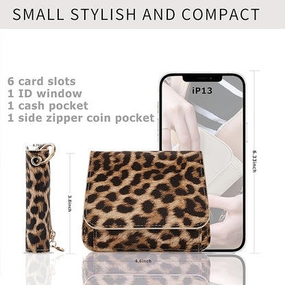 Women Small Wallet RFID Blocking Slim Wallet with Coin Pocket Tri-Fold Credit Card Holder with ID Window and Keychain (Leopard)