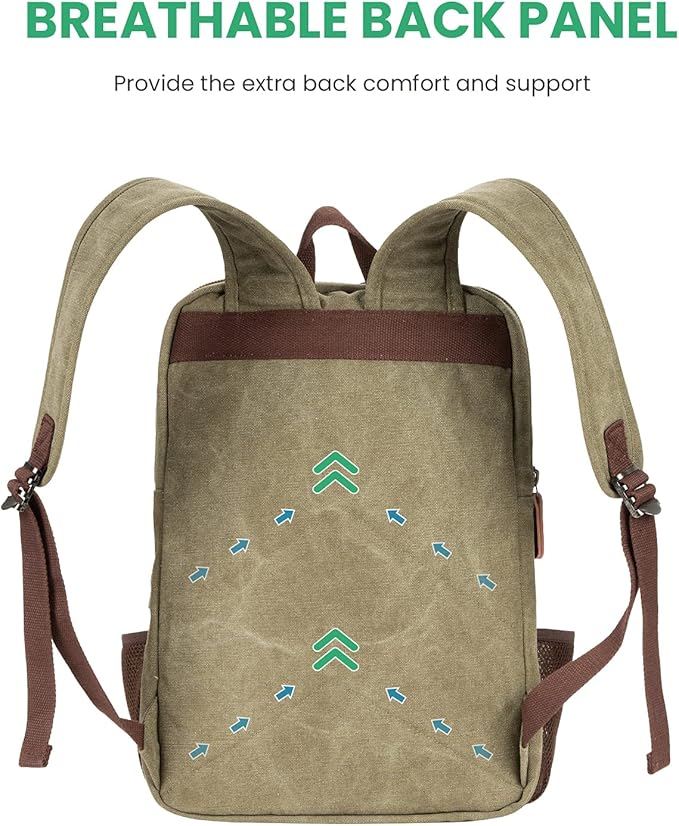 Modoker Eco-Friendly Vintage Backpack for Men Women, Canvas Bookpack Fits Most 15.6 Inches Computer and Tablets, Rucksack Backpack with USB Charging Port, Army Green