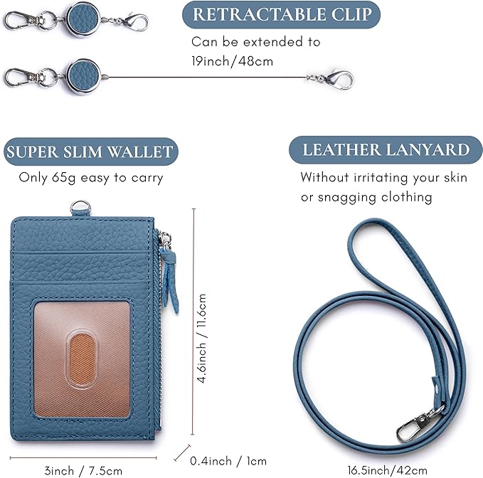2-in-1 Leather ID Badge Holder with Wallet for Work, Multifunction ID Case with Credit Card Slots & Cash Coin Pocket, Slim Wallet with Lanyard for Women Men Nurse Teacher (Misty Blue)