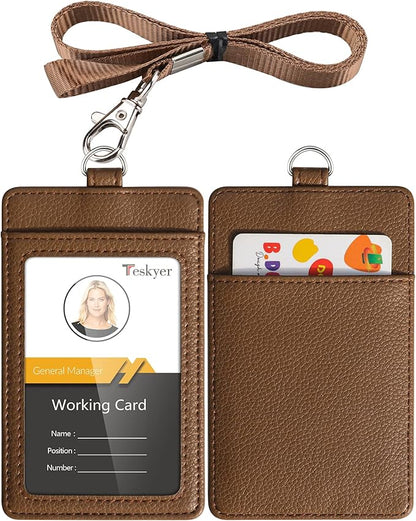 Teskyer Badge Holder with Lanyard, Leather ID Name Badge Card Holder with Lanyard for ID Badges, Vertical, Lychee Pattern Coffee